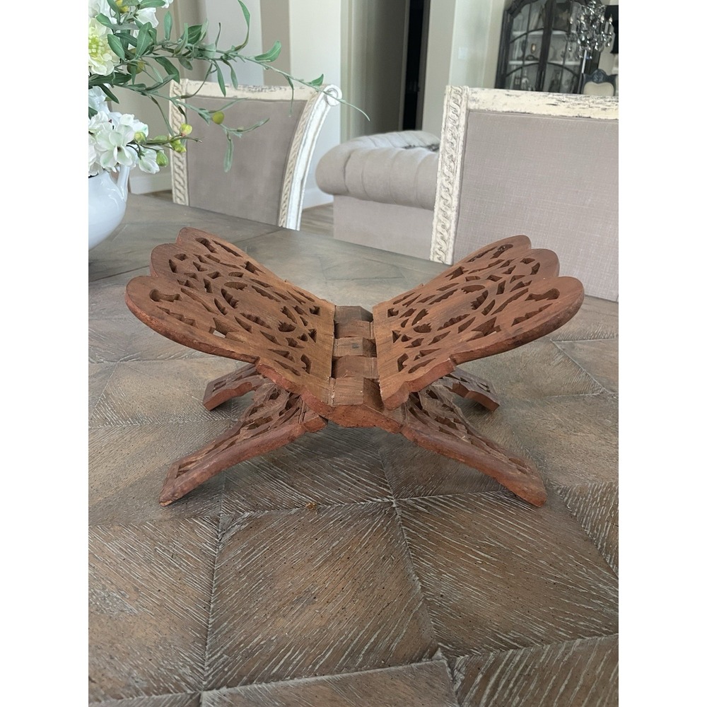 Vtg Antique Hand Carved Wooden Cook Book Bible Holder Folding Display Stand READ